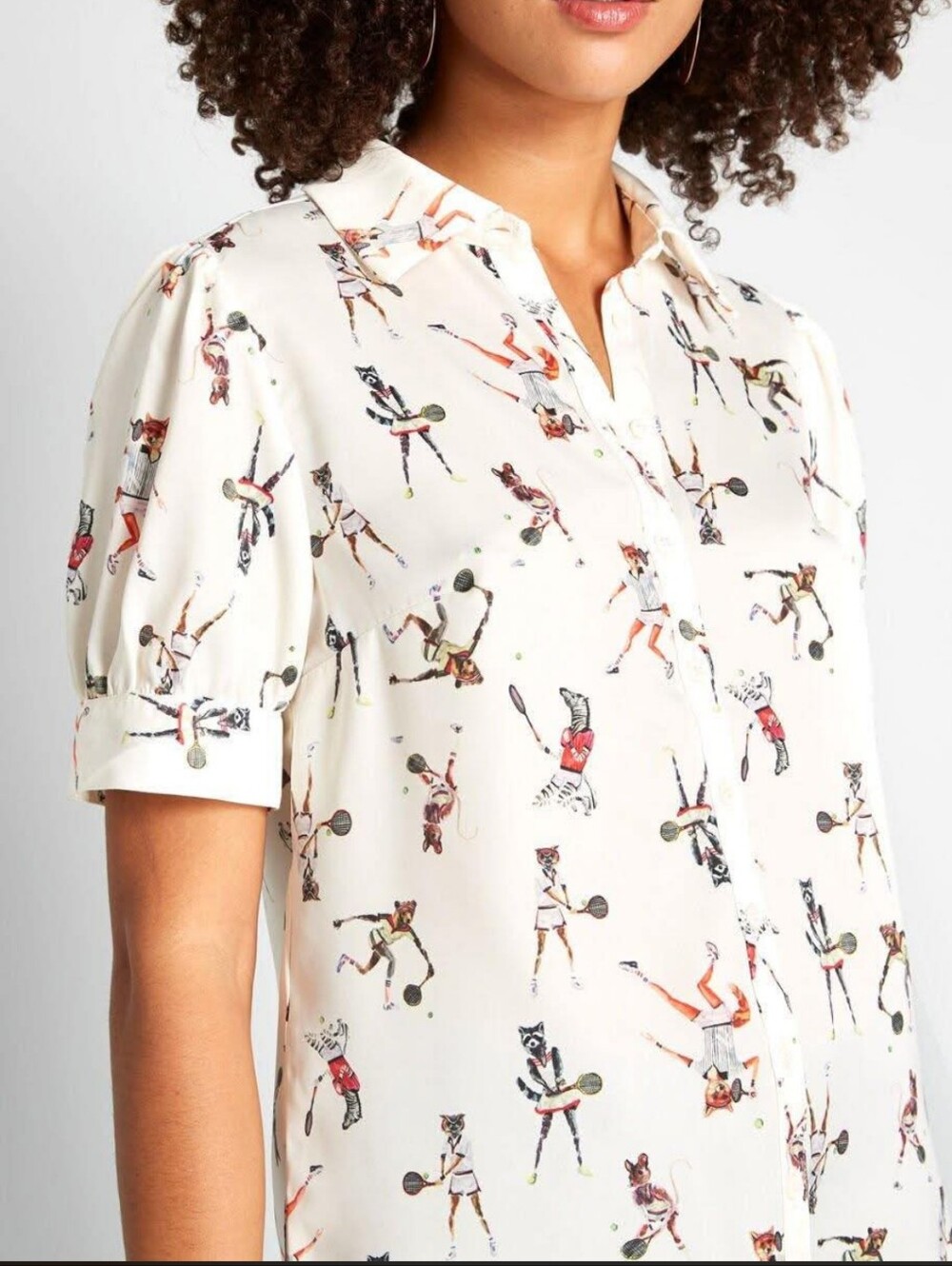 ModCloth Tennis Critters Novelty Print Short Sleeve Blouse | Size L | Cream